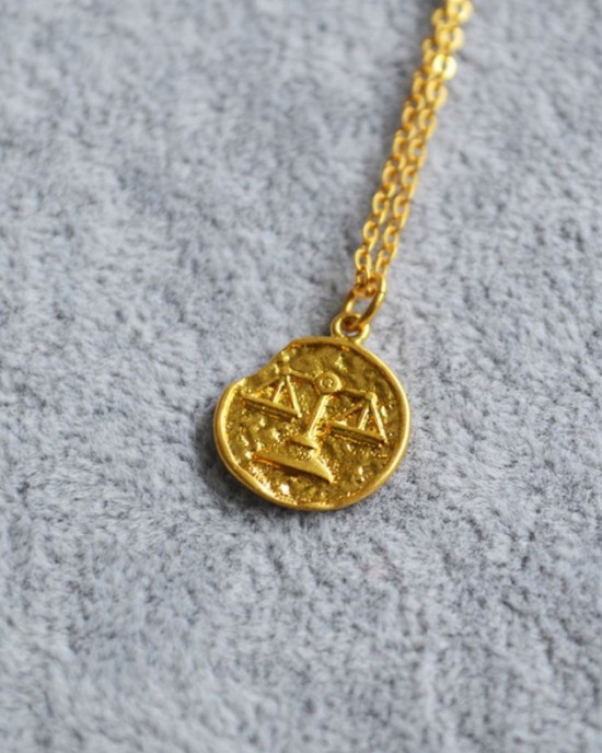 Libra Zodiac Sign Coin Pendant Necklace 